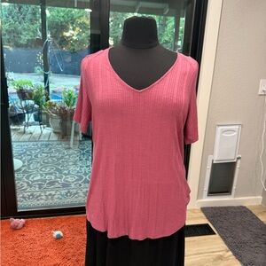 Jennifer Lo XXL Rose/Pink cold shoulder ribbed t-shirt with silver rings #sh0102